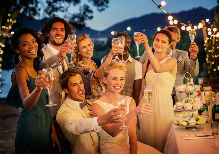 A wedding party toasts to a happy newly married couple