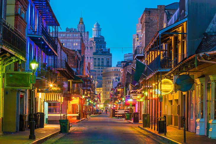 A view down Bourbon Street at night