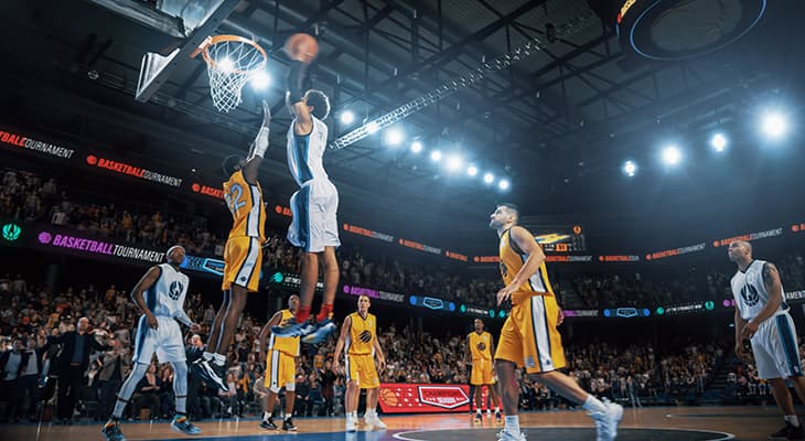 Live basketball game in an indoor stadium